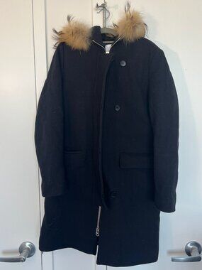 Sandro Long Wool Coat With Hoodies